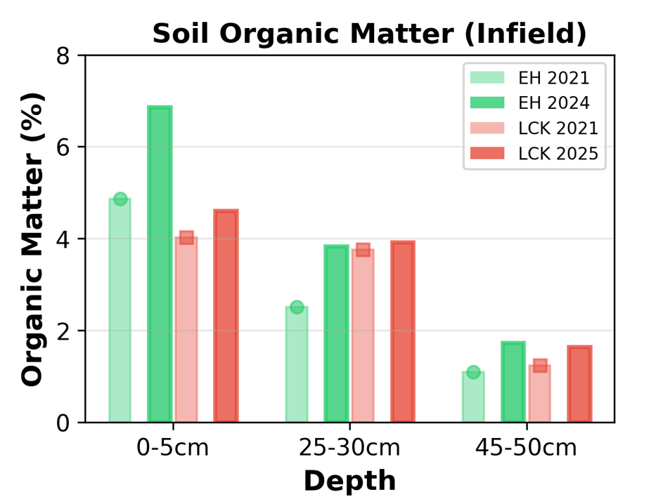 Figure: SOM comparison: The natural accumulation of organic matter at EH indicates how reduced soil disturbance preserves soil carbon. 