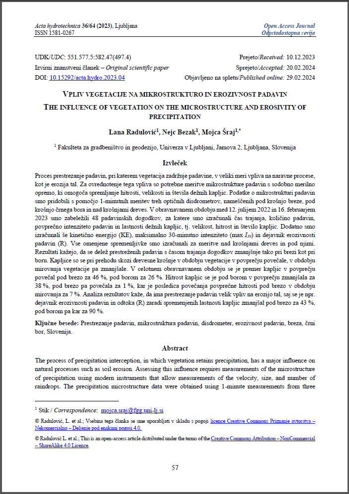 Vpliv vegetacije na mikrostrukturo in erozivnost padavin - The influence of vegetation on the microstructure and erosivity of precipitation